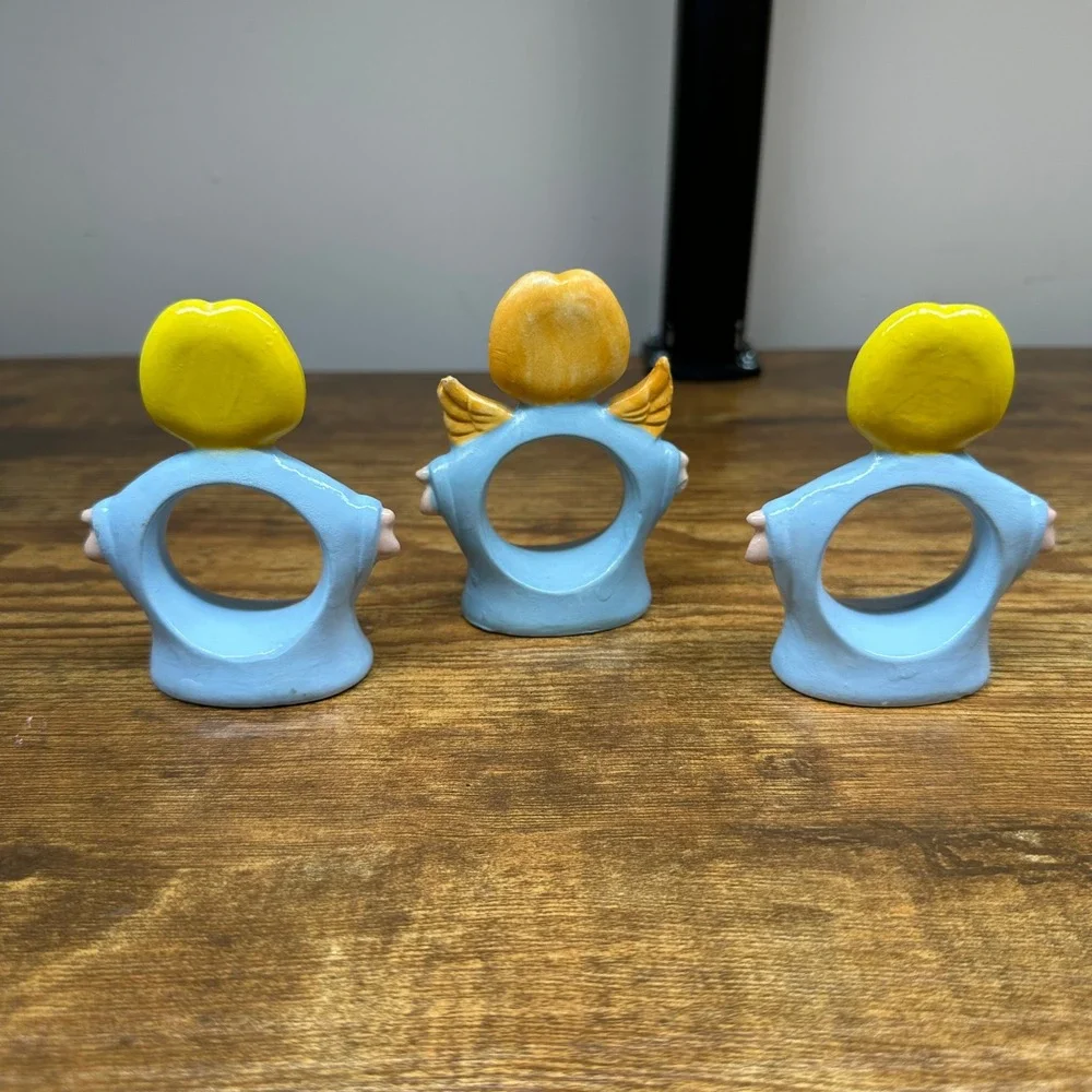 Vintage Christmas Ceramic Napkin Rings Set of 4 Santa Claus and Angels Blue Red